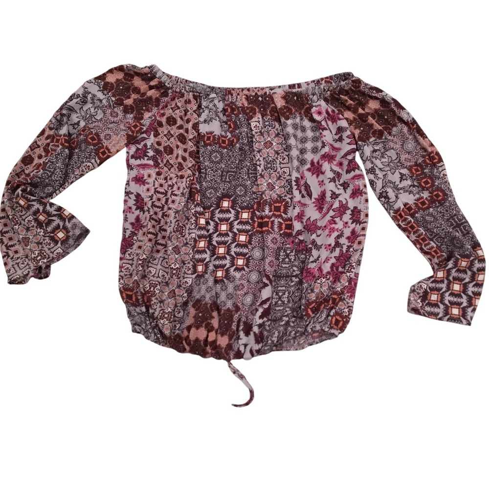 Knox Rose‎ Womens Boho Off The Shoulder Patchwork Print Blouse Purple Small